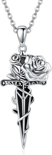 wholesale 925 Sterling Silver Cross with Roses and Sword Pendant Necklace for Women Men Gothic Punk Style  48cm Chain Length-dagger necklace