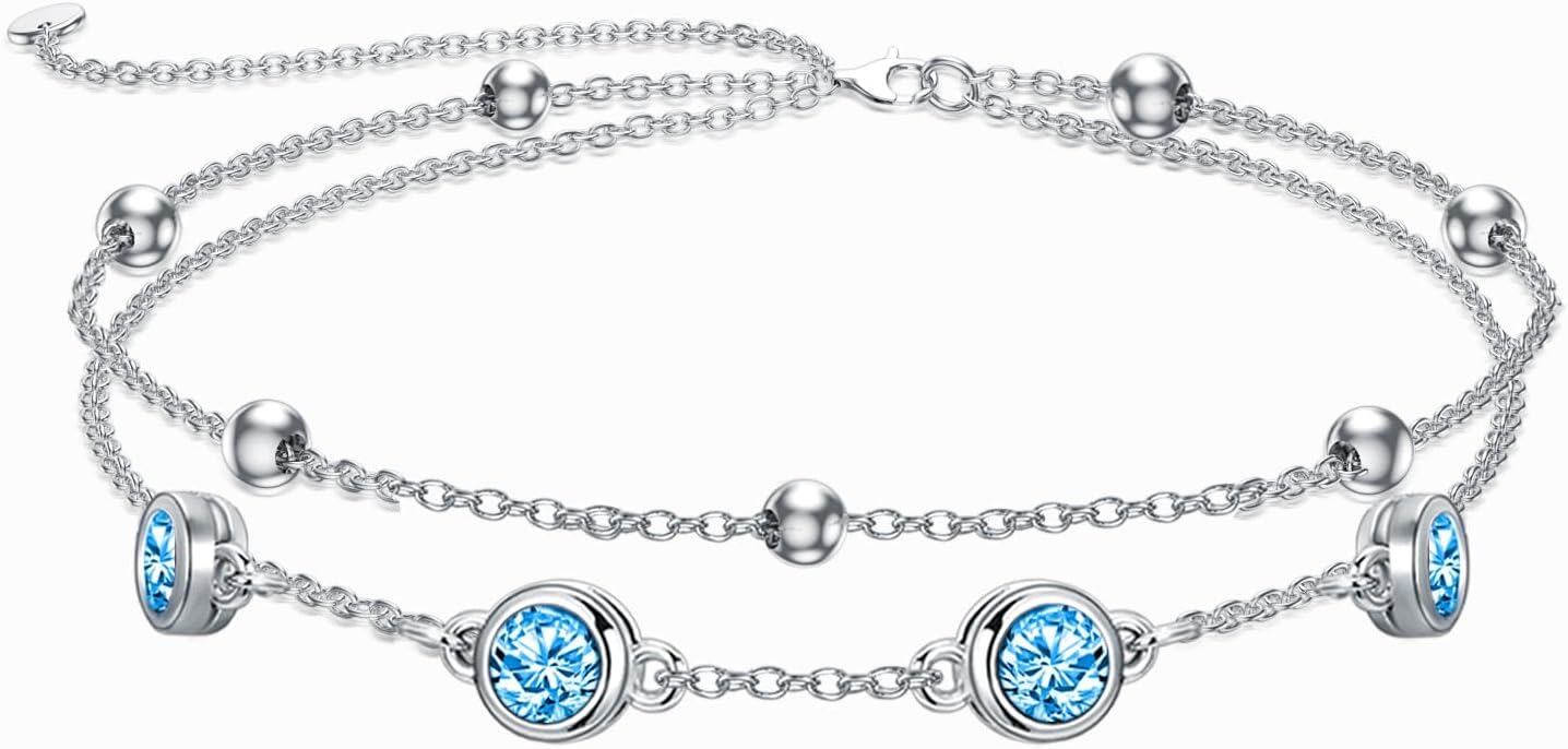 Sterling Silver Birthstone Anklet Bracelets for Women Gifts-03-Aquamarine Bracelet 7\"-9\"