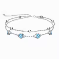 wholesale 925 Sterling Silver Birthstone Anklet Bracelets for Women Gifts-03-Aquamarine Bracelet 7\"-9\"