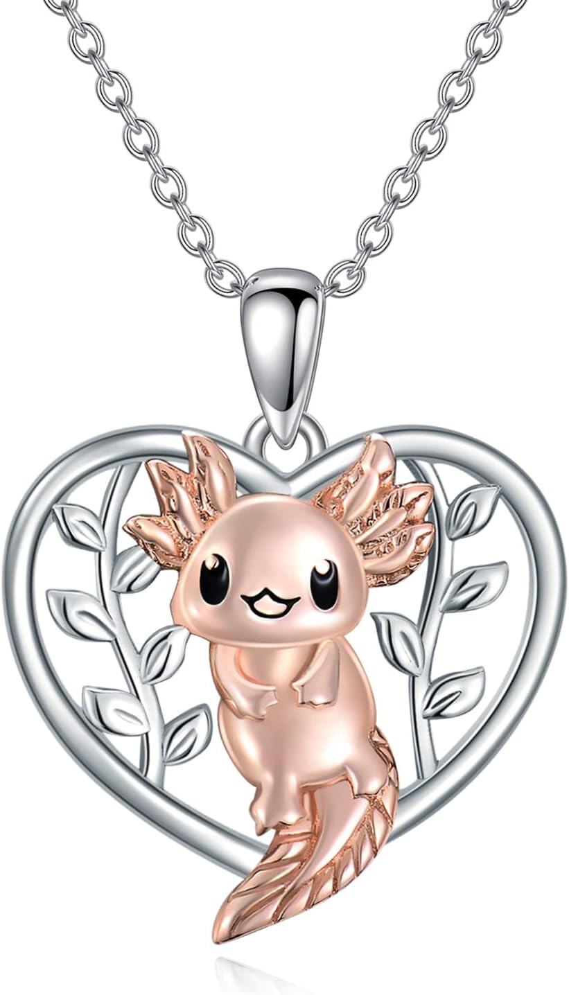 Sterling Silver Heart Necklace with Fox Axolotl Koala Giraffe Cow Guinea Pig Fairy Thistle Daisy Cat Duck Lion Pendant-0-0