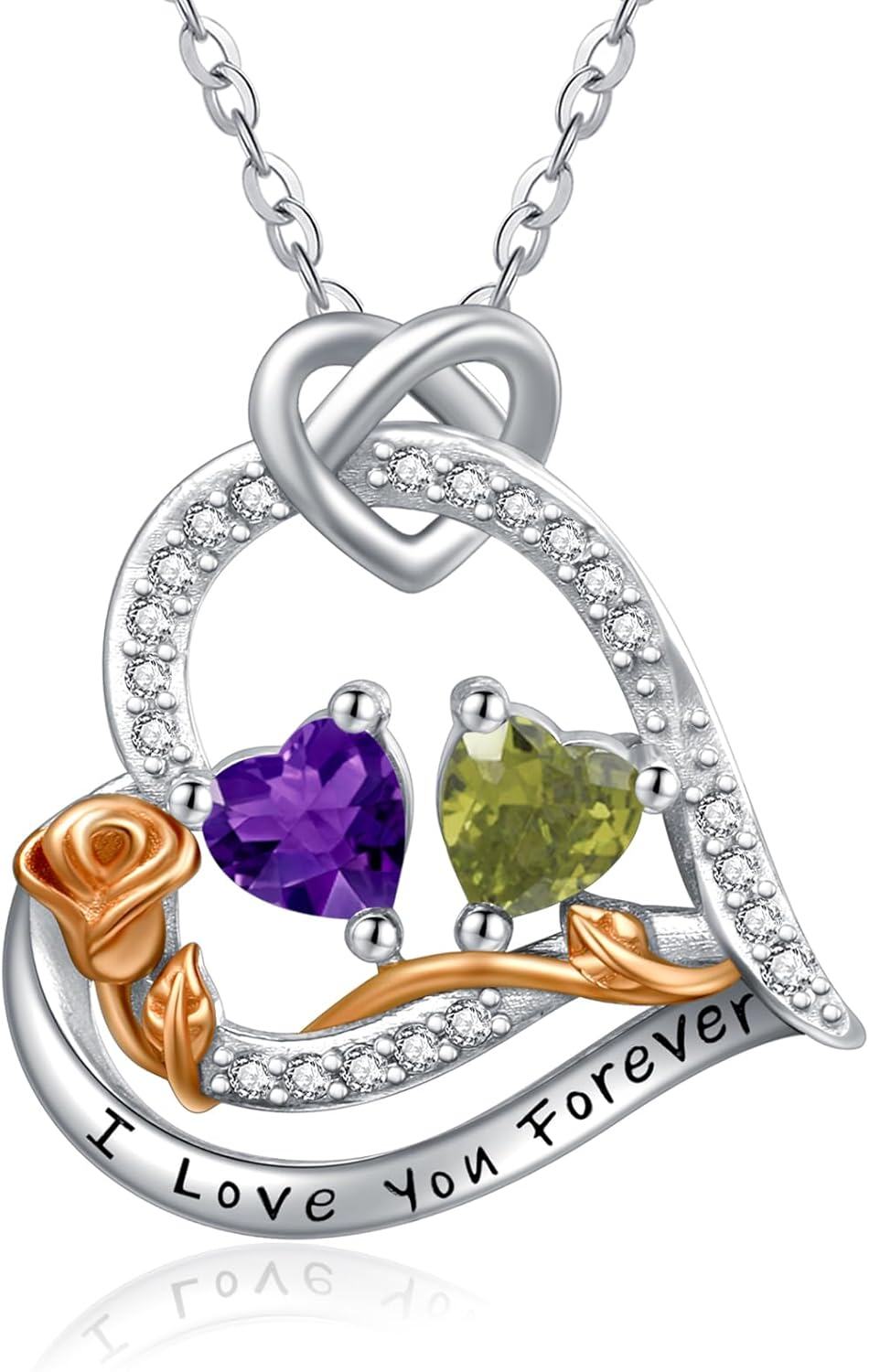  Sterling Silver 2 Birthstones Rose Heart Necklace for Women -02-08-Feb-Aug