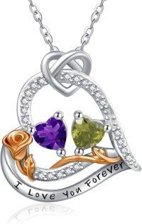 wholesale  Sterling Silver 2 Birthstones Rose Heart Necklace for Women -02-08-Feb-Aug