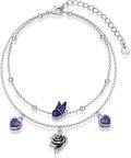 wholesale 925 Sterling Silver Purple Crystal Rose & Butterfly Charm Anklet for Women Girls  6-8 Adjustable Length-0-0