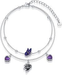 wholesale 925 Sterling Silver Purple Crystal Rose & Butterfly Charm Anklet for Women Girls  6-8 Adjustable Length-Butterfly