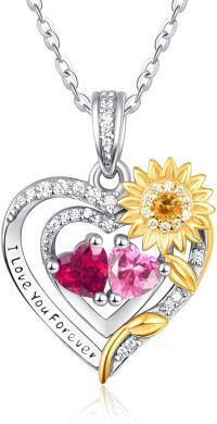 wholesale Sterling Silver 2 Birthstones Sunflower Heart Necklace for Women-07-10-Jul-Oct