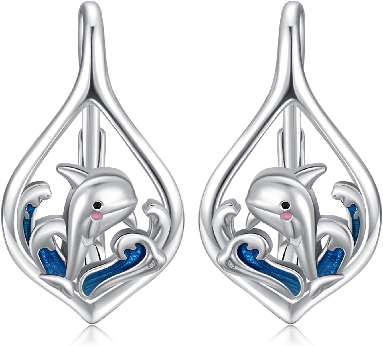 Sterling Silver Turquoise Sea Animal Dangle Earrings-12-Dolphin Wave