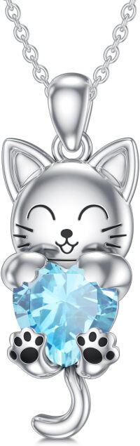 wholesale 925 Sterling Silver Birthstone Cat Pendant Necklace for Women-March(Aquamarine)