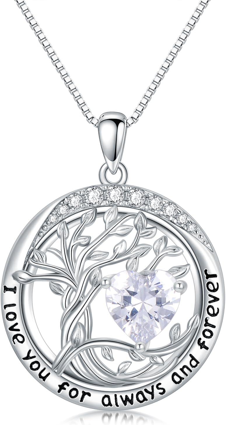 White Gold Sterling Silver Austrian Crystal Tree of Life Birthstone Necklace-04-Apri-Diamond
