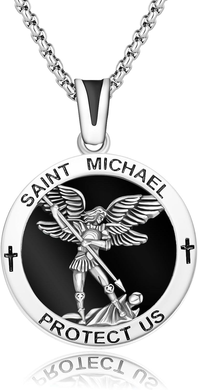 Sterling Silver Catholic Medal Necklace St Michael Christopher Benedict Virgin Mary Amulet Pendant for Men Women-0-0