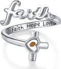 wholesale S925 Sterling Silver Adjustable Mustard Seed Ring with Heart & Cross Bypass Band – Faith Hope Love Design – Hypoallergenic Jewelry Gift-0-0