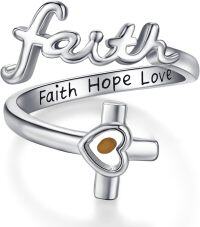 wholesale S925 Sterling Silver Adjustable Mustard Seed Ring with Heart & Cross Bypass Band – Faith Hope Love Design – Hypoallergenic Jewelry Gift-Mustard Seed Faith Ring