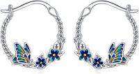 wholesale 925 Sterling Silver Blue Enamel Butterfly & Flowers Twist Loop Earrings-Butterfly Earrings