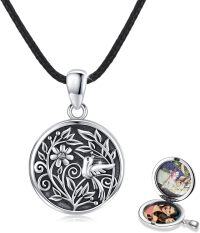 wholesale 925 Sterling Silver Round Floral Hummingbird Photo Locket Pendant Necklace-E-Hummingbird Locket Necklace