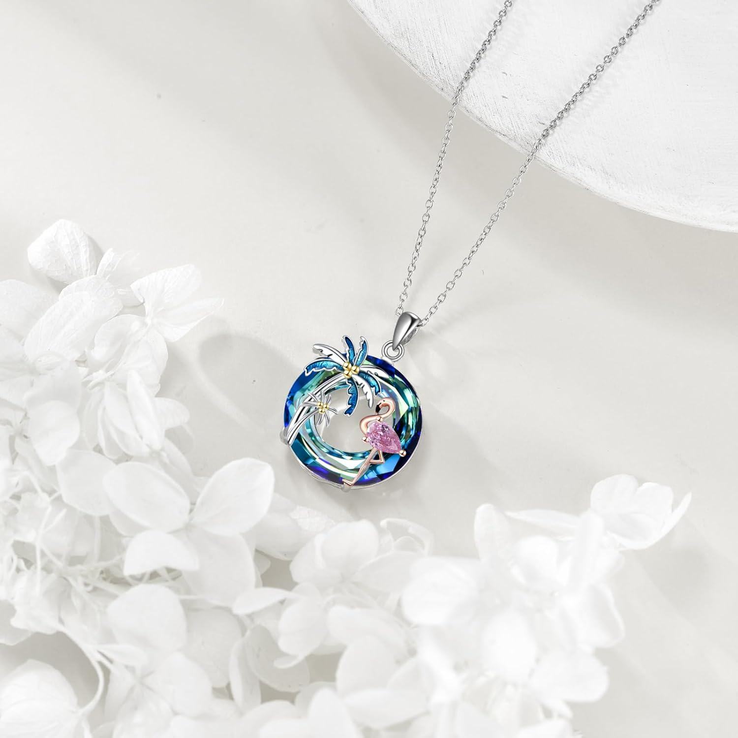 Sterling Silver Crystal Flamingo Pendant Necklace w Palm Trees-0-3