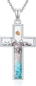 wholesale 925 Sterling Silver & Turquoise Stone Cross Mountain Necklace with Mustard Seed, 1.1 Inch Pendant, 18-2 Inch Chain-0-0
