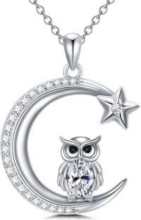 wholesale 925 Sterling Silver & 14K Gold Plated Moon Star Owl Pendant Necklace with CZ Stones - 36cm Chain Length-Owl Moon Pendant