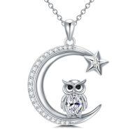wholesale 925 Sterling Silver & 14K Gold Plated Moon Star Owl Pendant Necklace with CZ Stones - 36cm Chain Length-Owl Moon Pendant
