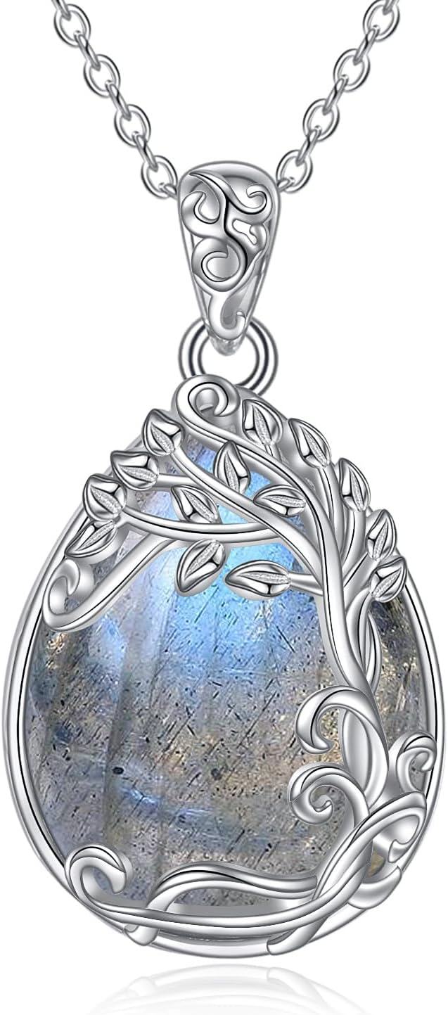 Sterling Silver Moonstone Filigree Teardrop Pendant Necklace for Women-SS-Tree of Life Labradorite Necklace