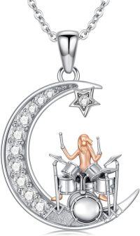 wholesale 925 Sterling Silver Crescent Moon with Drummer Pendant Necklace - Musical Instrument Themed Jewelry for Women-Drum Set
