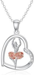 wholesale 925 Sterling Silver Ballet Dancer Pendant with Pink Roses and Cubic Zirconia Chain Necklace-0-0