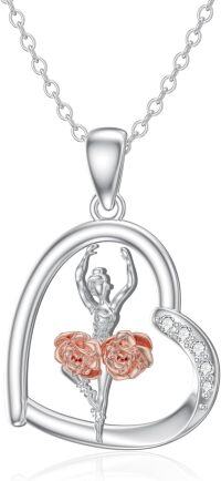 wholesale 925 Sterling Silver Ballet Dancer Pendant with Pink Roses and Cubic Zirconia Chain Necklace-Ballerina