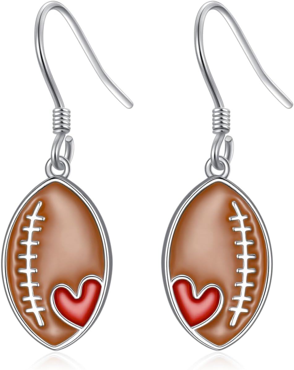  Sterling Silver Sports Earrings for Women Soccer Basketball Volleyball Softball Football Tennis Dangle Jewelry -Football with Heart