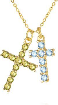 wholesale 14K Gold Sterling Silver Birthstone Double Cross Necklace for Women-08-12-Aug-Dec