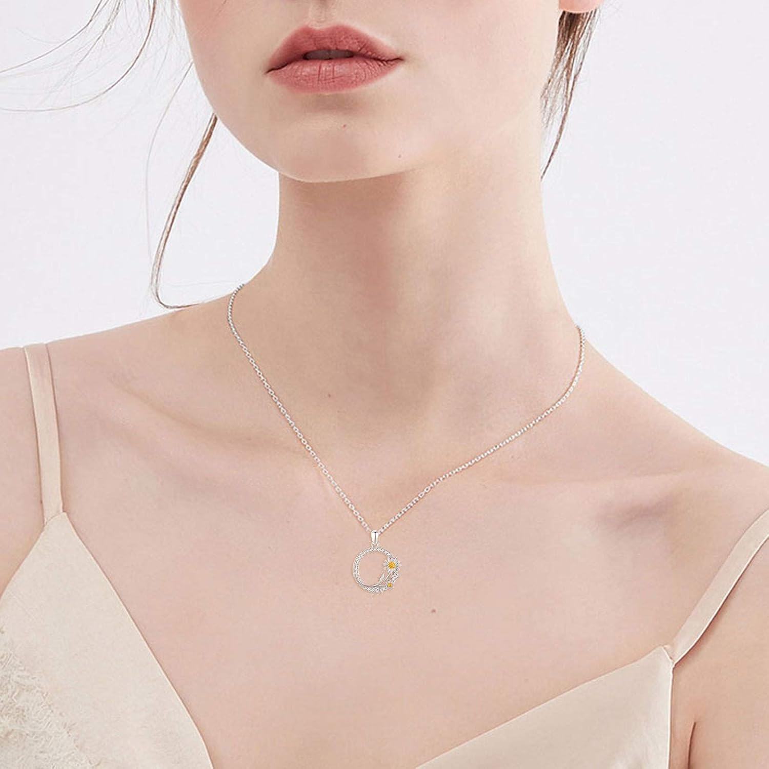 Sterling Silver Zircon Sunflower Daisy Necklace for Women Ideal Gift-0-3