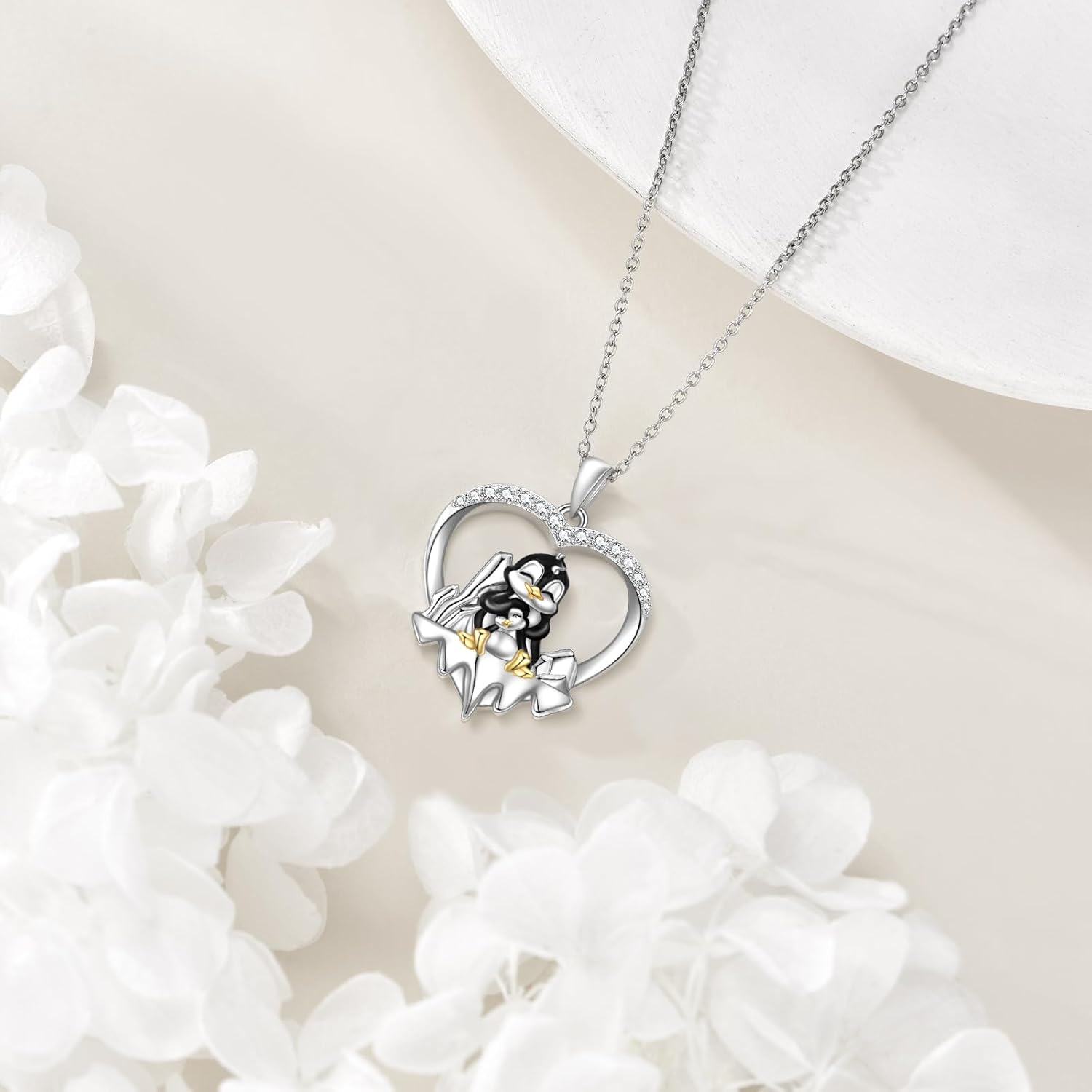 Sterling Silver Snowflake Penguin Heart Pendant Necklace for Women-0-4