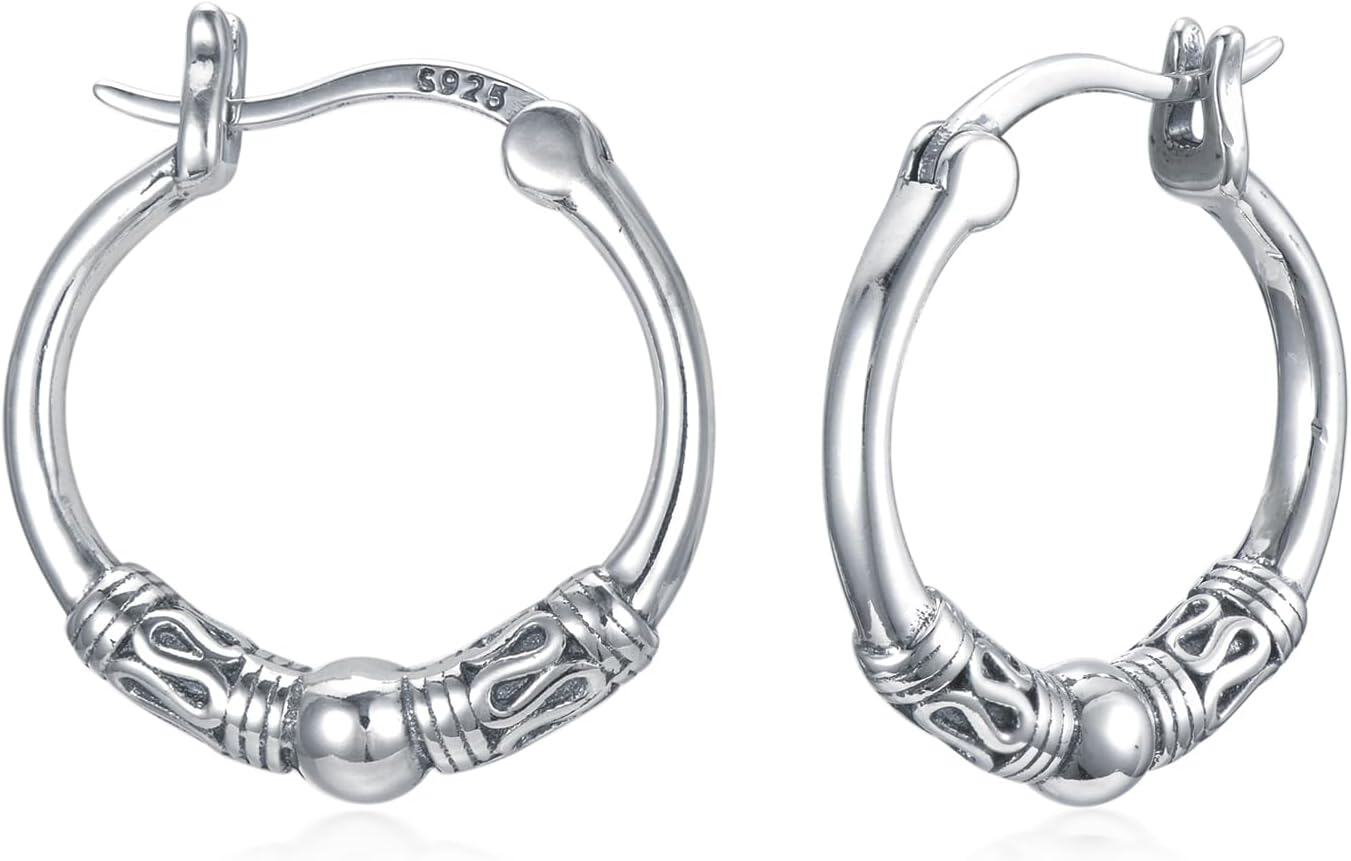 Sterling Silver Bali Boho Oxidized Hypoallergenic Huggie Hoop Earrings for Women Jewelry Gifts-Boho Bali Hoop Earrings-13