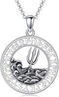 wholesale 925 Sterling Silver Trident Pendant with Waves and Rune Design on Round Medallion Necklace - 3 Sizes Available-0-0
