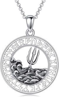 wholesale 925 Sterling Silver Trident Pendant with Waves and Rune Design on Round Medallion Necklace - 3 Sizes Available-Trident