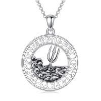 wholesale 925 Sterling Silver Norse Rune Trident Ocean Wave Pendant Necklace Oxidized Vintage Jewelry-Trident