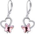 wholesale 925 Sterling Silver Heart-Shaped Pink Crystal Butterfly Drop Earrings for Women-0-10