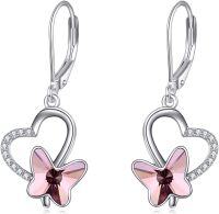 wholesale 925 Sterling Silver Heart-Shaped Pink Crystal Butterfly Drop Earrings for Women-pink