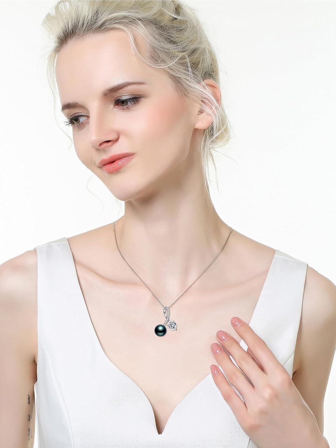 wholesale 925 Sterling Silver & White Gold Plated Black Pearl and Cubic Zirconia Heart Pendant Necklace for Women-0-2