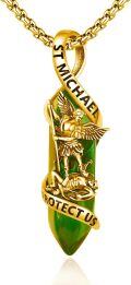 wholesale Gold 925 Sterling Silver Green Agate Saint Michael Angel Protect Us Charm Necklace Catholic Jewelry-0-0
