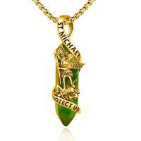 wholesale Gold 925 Sterling Silver Green Agate Saint Michael Angel Protect Us Charm Necklace Catholic Jewelry-Golden-Green