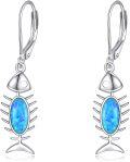 wholesale 925 Sterling Silver Blue Opal Fish Bone Dangle Leverback Earrings for Women Girls Gifts-0-0