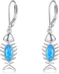 wholesale 925 Sterling Silver Blue Opal Fish Bone Dangle Leverback Earrings for Women Girls Gifts-Dangle