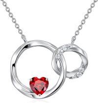 wholesale Sterling Silver Heart Birthstone Interlocking Double Circle Sister Necklace-Dark Red
