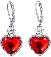 wholesale Sterling Silver White Pink Red Crystal Love Heart Birthstone Dangle Leverback Earrings for Women-red