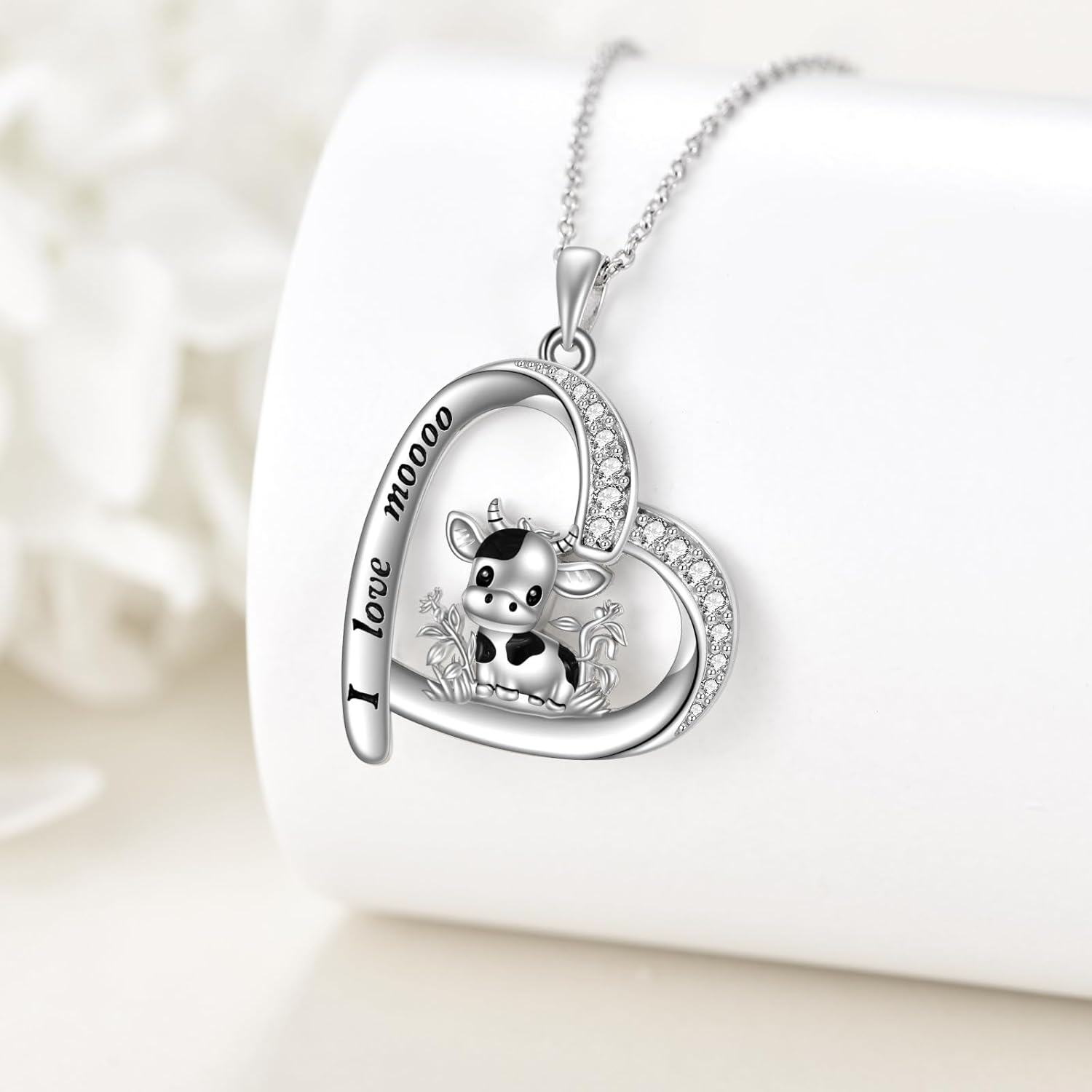 Sterling Silver Heart Pendant Necklace with Cute Animal Charms (Cow Squirrel Guinea Pig Bulldog Axolotl) for Women Teens-0-4