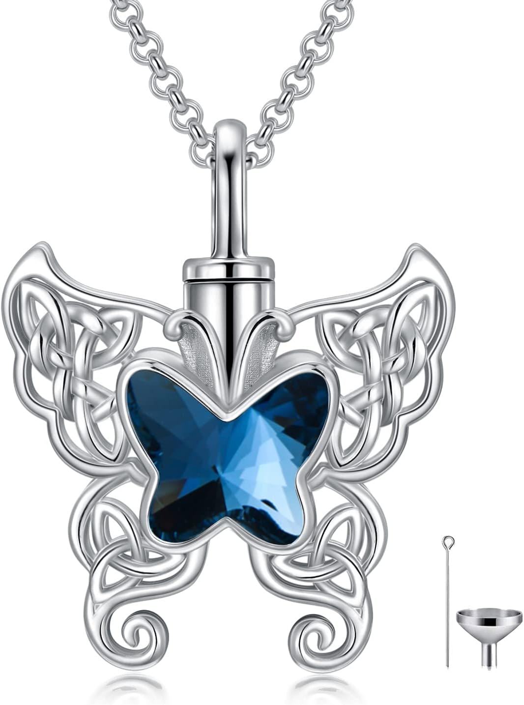 925 Sterling Silver Blue Crystal Butterfly Wing Keepsake Pendant Necklace w/Filler Kit-0-0