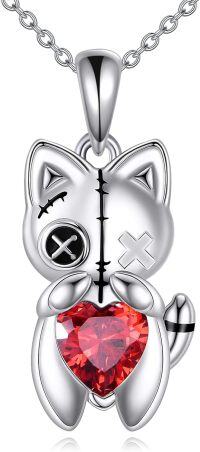 wholesale 925 Sterling Silver Gothic Cat Pendant Necklace with Red Heart Stone Witchy Jewelry for Women Men-Voodoo Cat
