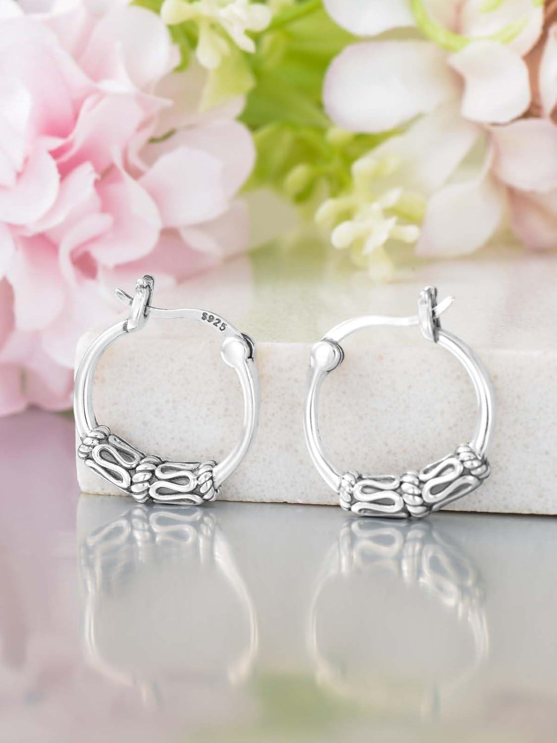 Sterling Silver Bali Boho Oxidized Hypoallergenic Huggie Hoop Earrings for Women Jewelry Gifts-0-3