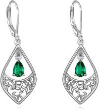 wholesale 925 Sterling Silver Teardrop Green Emerald & Red Garnet Filigree Drop Leverback Earrings for Women Valentines Day Gifts-Emerald