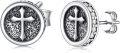 wholesale 925 Sterling Silver 8mm Round Cross Stud Earrings with Cubic Zirconia - Punk Gothic  for Women and Girls-0-0