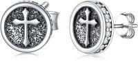 wholesale 925 Sterling Silver 8mm Round Cross Stud Earrings with Cubic Zirconia - Punk Gothic  for Women and Girls-Cross Stud-2