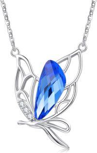 wholesale 925 Sterling Silver Blue Crystal Butterfly Pendant Necklace for Women Gifts for Her Valentines Day Jewelry-D-Crystal-Blue2